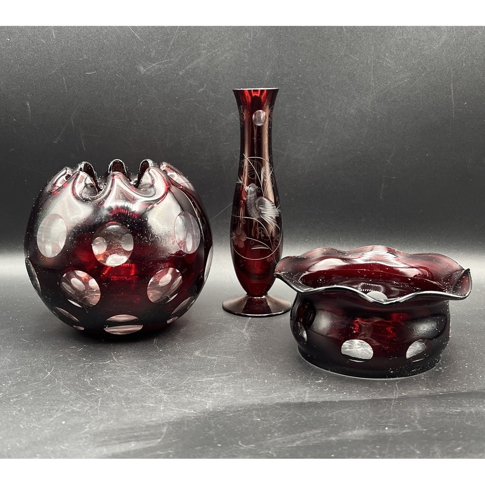 VTG Ruby Red Dot Vase Dish Boho Etched Bird Leaves Glass Set of 3 ~ Czech?